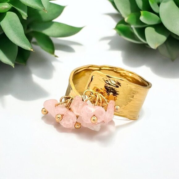 NWT Wide Band Ring 18K Gold Plated Rose Quartz Beads Open Adjustable Size - Picture 4 of 8